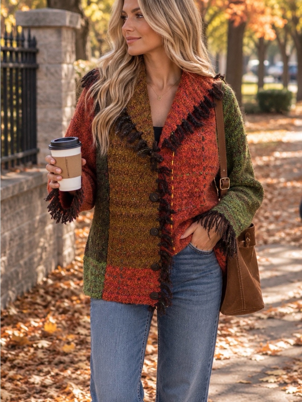 Cozy Autumn Patchwork Fringe Sweater Jacket - Multicolor